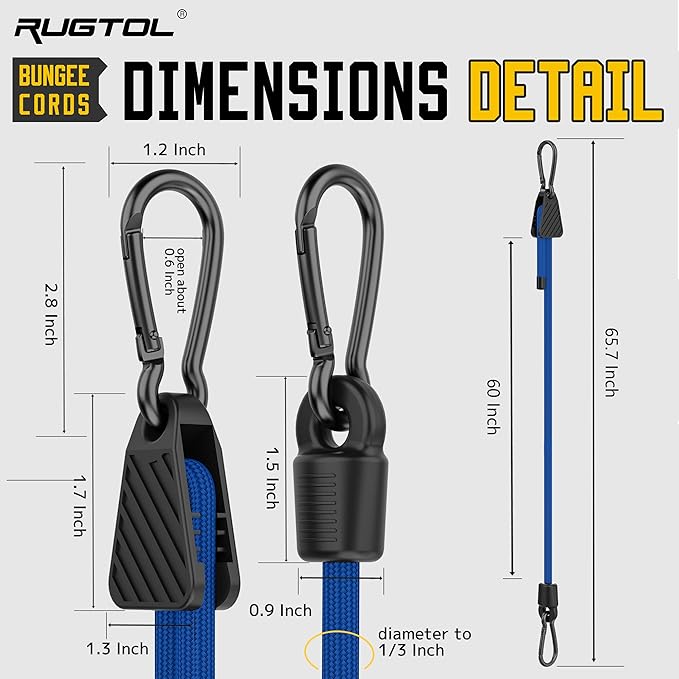 Bungee Cords with Hooks, 60 Inch Adjustable Blue Bungee Cords with Carabiner Heavy Duty Outdoor, 8mm Thick Easy to Adjust Durable Bungee Rope UV Resistant for Bike Rack, Garden, Tension, 6 Pack