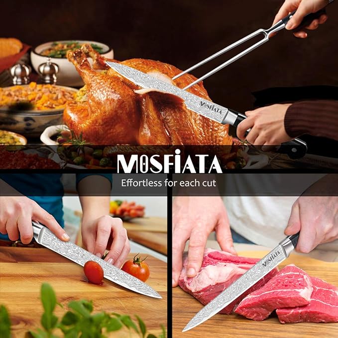 MOSFiATA 8" Carving Knife & 7" Fork Set - Premium Meat Cutting Knife, German High Carbon Stainless Steel EN.4116 BBQ Knives for Slicing Meats, Fruits & Vegetables