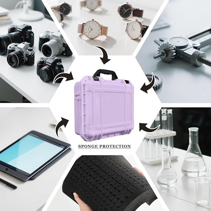 14.3 x 11.4 x 4.5 Inch Waterproof Hard Case with DIY Customizable Foam Insert Portable Protective Case with Knife for Camera Drones Equipments Tools Test Instruments (Purple)