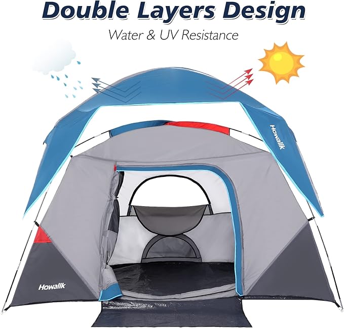 Camping Tent 4 Person Dome Tents, Easy Set Up Waterproof Tent with Carry Bag, Mesh Door, Portable Family Tent with Rainfly for for Traveling and Family Hiking, Blue