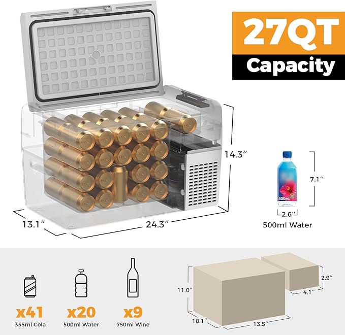Setpower Car Refrigerator 50 Hours Backup Cooling 27 Quart 12 volt Fridge Portable Car Freezer 12V Coolers for Vehicles Electric Cooler for Car Camping Truck Van RV SUV Road Trip Travel (RF25 Grey)