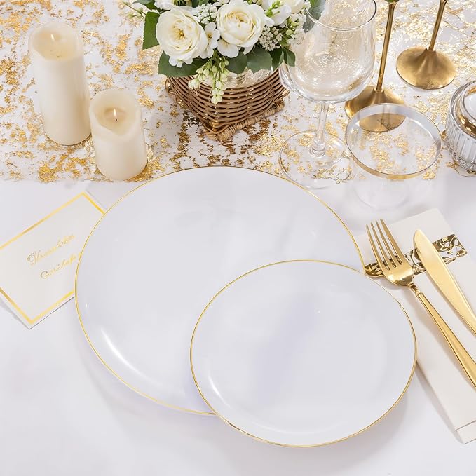 NOCCUR 350PCS Gold Disposable Dinnerware Set for 50 Guests - White and Gold Plastic Plates Include 50 Dinner/Dessert Plates, 150 Silverware and 50 Napkins/Cups Ideal for Fall Party&Thanksgiving