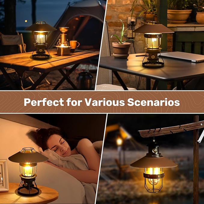 Metal LED Retro Camping Lantern, 2-in-1 Hanging/Standing, Dimmable, 3500mAh Rechargeable, Water Resistant, Brown