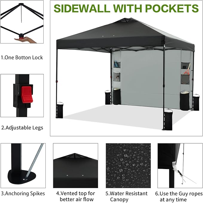 10'x10' Pop Up Canopy Tent with 1 Sidewall and 6 Pockets, One Push Setup, Instant Shade Tent with Vented Roof for Beach Patio Outdoor, Case, 8 Stakes, 4 Ropes, 4 Sandbags (Black, 10x10)