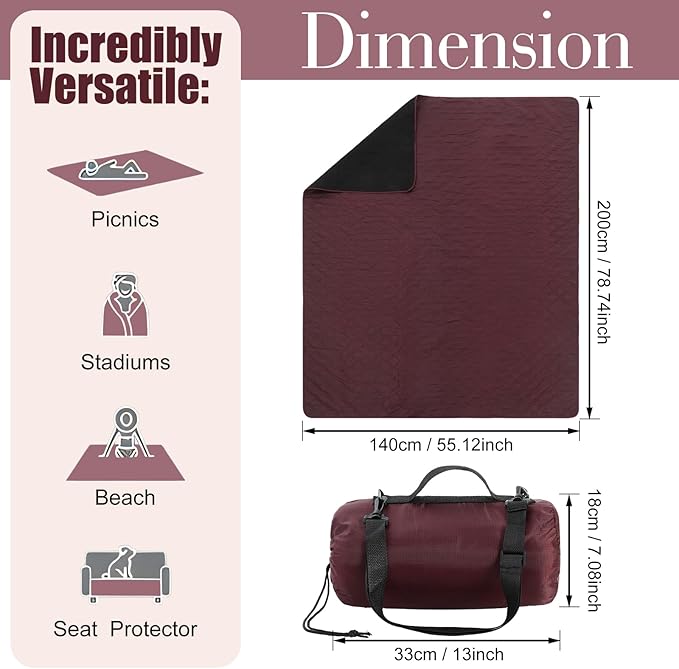 Tranqun 2 Large Outdoor Blanket 78'' x 55'' Quilted Windproof Waterproof Fleece Sandproof Stadium Foldable Warm Blanket for Camping Picnic Sporting Events Cold Weather (Dark Red)