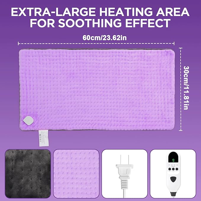 Heating Pad, 12"×24" Electric Heat Pad for Back, Neck, Shoulders, Cramps, Menstrual Pain, 9 Heat Settings & 4 Auto-Off Timers, Soft Machine Wash Fabric,Christmas Gifts for Women Mom,Purple+Grey