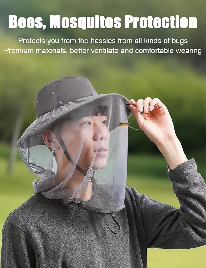 Mosquito Sun Hat with Net, Concealable Mesh, Drawstring Adjustable Skirt and Wind Cord, for Fishing Beekeeping Gardening
