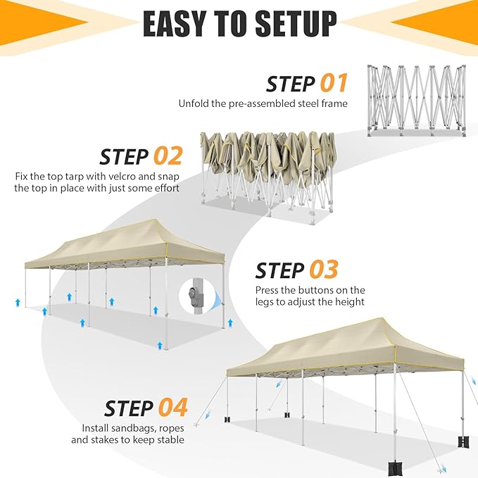 HOTEEL 10x30 Heavy Duty Pop Up Canopy Tent for Parties Event Wedding Commercial Instant Canopy with Wheeled Bag, Party Tent Waterproof UV 50+&Windproof, Upgraded Thick Hexagonal Legs, Khaki
