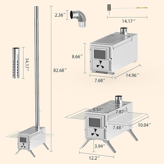Hot Tent Stove, Camping Wood Stove for Tent, Portable Stainless Steel Wood Burning Stove with 7 Chimney Pipes for Wall Tent Camping, Cooking, Ice Fishing, Hunting, Boiling Water - Medium