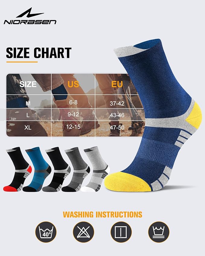 6 Pairs Men's Cotton Crew Work Boot Socks, Moisture Cushioned Athletic Sports Socks for Hiking Running Workout