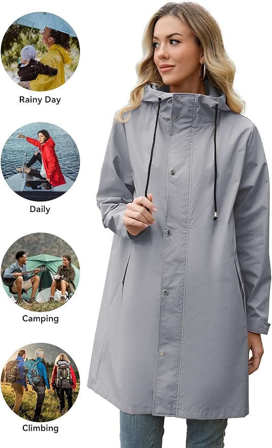 Zando Long Packable Rain Jacket Women Waterproof - Raincoat for Women Rain Coat with Hood Lightweight Outdoor Windbreaker