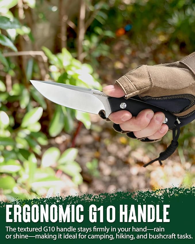 Mossy Oak 8.75 Inch Fixed Blade Knife with Leather Sheath, Full Tang Outdoor Camping Knife, G10 Handle for Bushcraft, Survival, Camping, Hiking