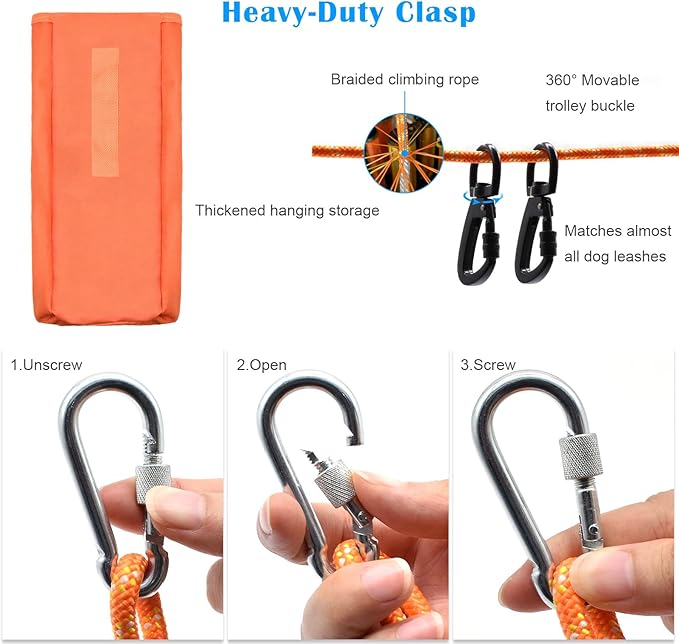 Upgraded Dog Tie Out Cable for Camping, 100FT Portable Trolley System for 2 Dogs, Knot-a-Hitch Dogs Hitching System up to 250lbs, Dog Runner for Yard Camping Training Running Hiking Outdoor