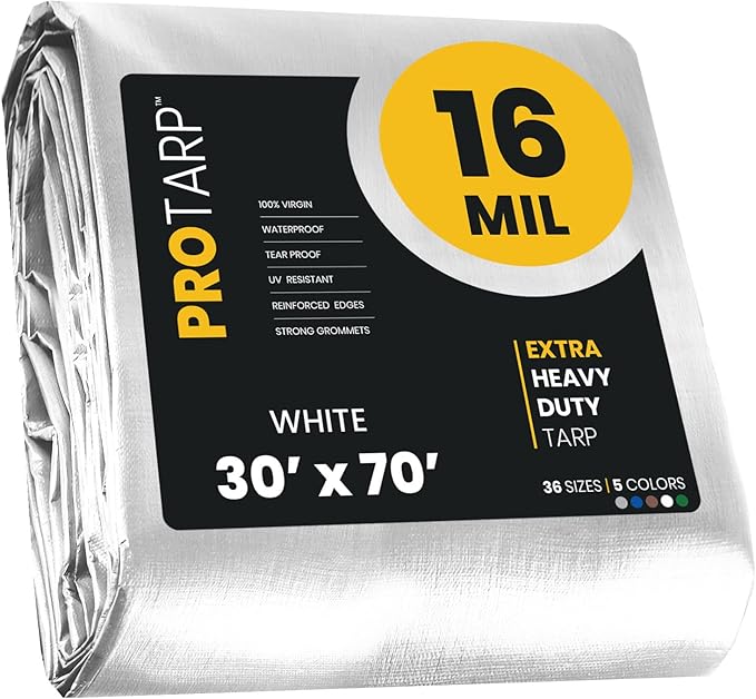 PROTARP Extra Heavy Duty 16 Mil Tarp Cover, Waterproof, UV Resistant, Rip and Tear Proof, Poly Tarpaulin with Reinforced Edges for Roof, Camping, Patio, Pool, Boat. (White 30′ X 70′)