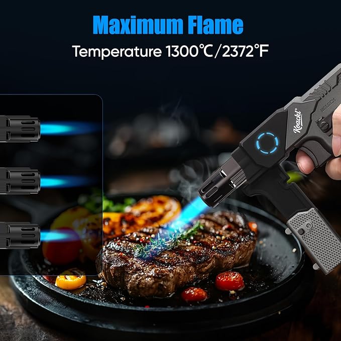 Butane Torch - Foldable Grip Kitchen Butane Torch with Safety Lock & Blue Light, Creme Brulee Torch for Cooking, BBQ & Soldering (Butane Not Included)