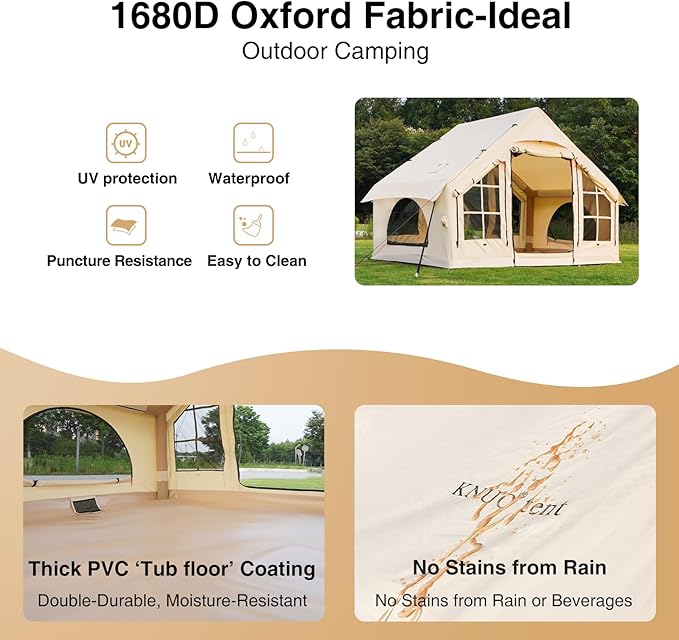 2025 Upgraded Waterproof Inflatable Camping Tent, Large Blow-Up Air Tent, No Assembly Needed Luxury Glamping House, Oxford Fabric