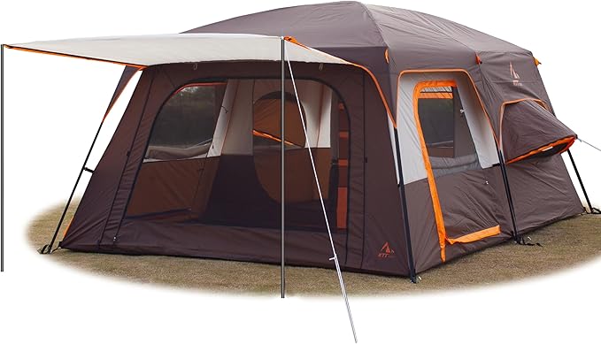 KTT Extra Large Tent 6-10-12-14 Person(A),Family Cabin Tents,2 Rooms,3 Doors and 3 Windows with Mesh,Straight Wall,Waterproof,Double Layer,Big Tent for Outdoor,Picnic,Camping,Family Gathering
