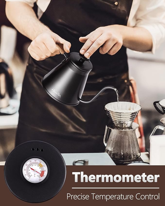 Harriet Gooseneck Kettle with Thermometer for Pour Over Coffee and Tea, 37 fl oz, Stainless Steel, Durable 3-Layer Base, Ideal Spout for Precision Pouring, Compatible with all Stove Tops, Black