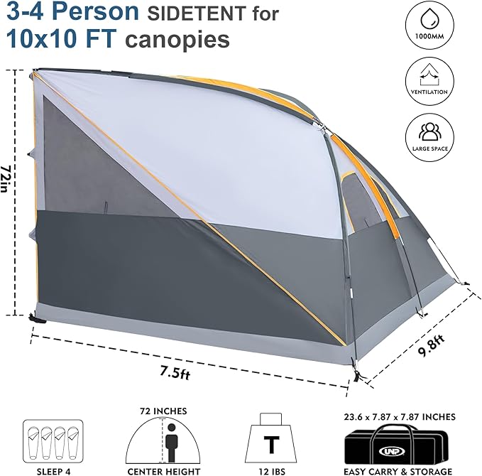UNP Camping Cube | Pop Up Canopy Side Tent for 10' x 10' Canopies Tent Easy Set Up Gazebo Gray (Canopy/SHELTER NOT Included)