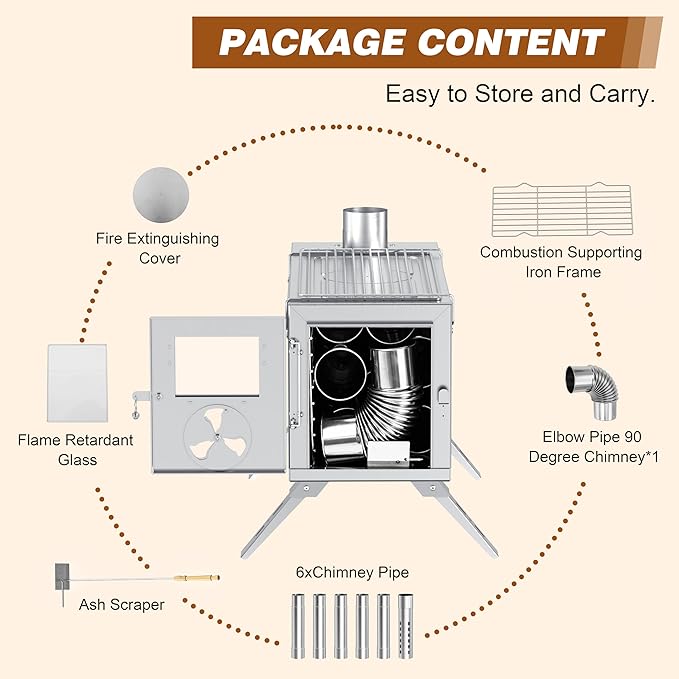Hot Tent Stove, Camping Wood Stove for Tent, Portable Stainless Steel Wood Burning Stove with 7 Chimney Pipes for Wall Tent Camping, Cooking, Ice Fishing, Hunting, Boiling Water - Medium