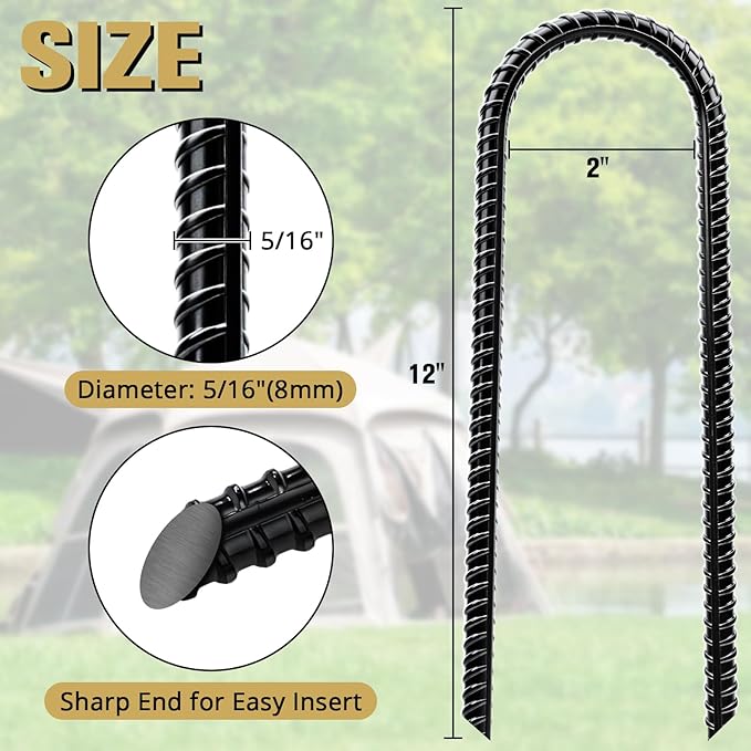 Trampoline Stakes High Wind - Heavy Duty 12 Inch U Shaped Ground Anchors - Galvanized Steel Rebar Stakes for Outdoor Camping Tent Fence Garden Decorations(4 Pack Black)