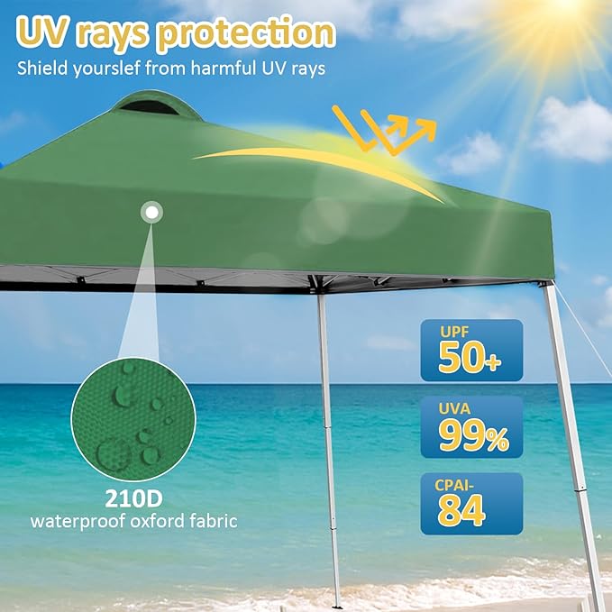 8x8 Top Pop Up Canopy Tent with Central Lock Design, Slant Legs, Backpack, Easy Outdoor Sun Shade for Events, Parties, Camping(Green)
