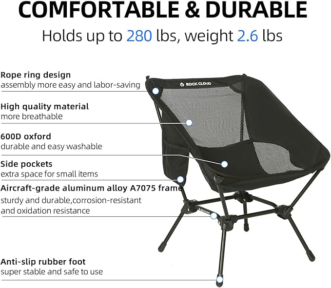 ROCK CLOUD Portable Camping Chair Ultralight Folding Chairs Outdoor for Camp Hiking Backpacking Lawn Beach Sports