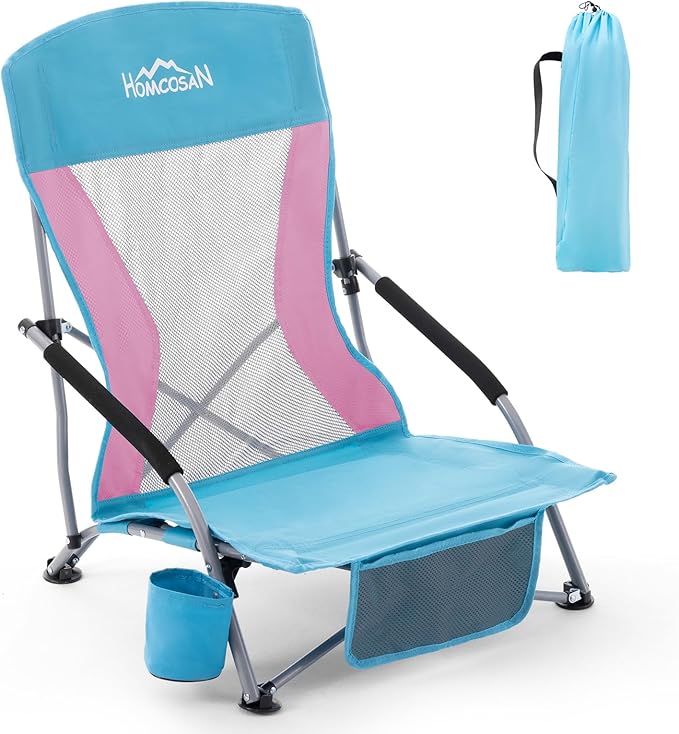 Homcosan Portable Low Folding Beach Chair - Lightweight Camping Chair for Adults with Cup Holder & Storage Pocket, Carry Bag Included (Blue & Pink)