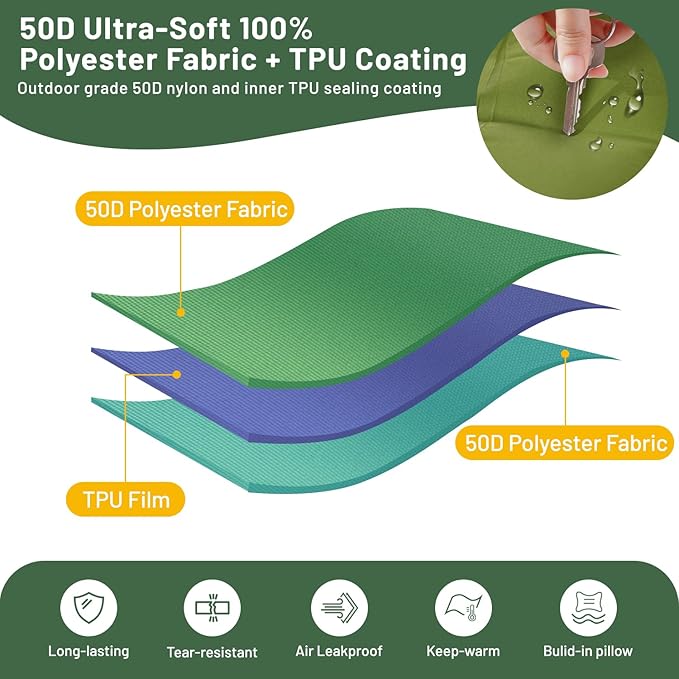 Sleeping Pad for Camping, 6" Extra Thick Double Sleeping Pad with Pillows & Built-in Foot Pump, Ultralight Camping Sleeping Mats Compact for Travel Tent Hiking Backpacking Car Camp Gear