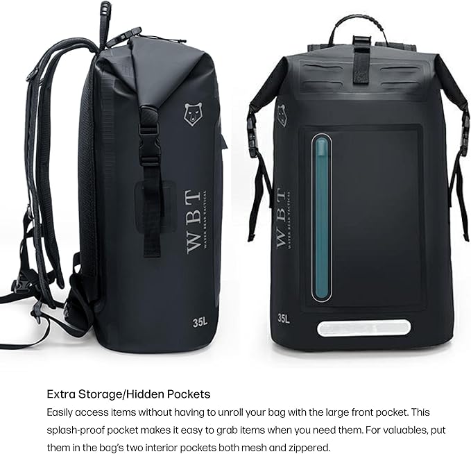 Water Bear Tactical Waterproof Backpack: Black 35L Rugged Roll-Top Closure with Waterproof Zipper front pocket and Cushioned Padded Back.(New Version) laptop sleeve inside
