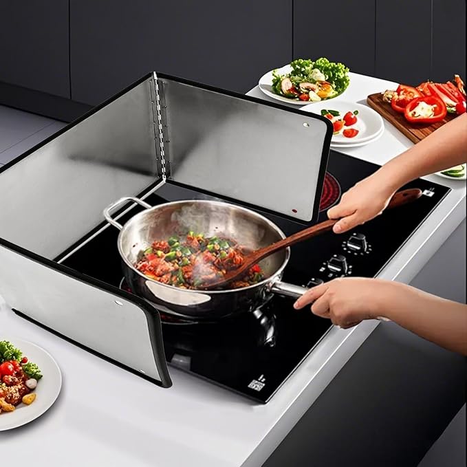 Large 3 Sided Splatter Guard for Frying Stove Top,Oil Splash Guard Cooking for Stove,Non Stick Foldable Splatter Screen for Stove Top (Silver)