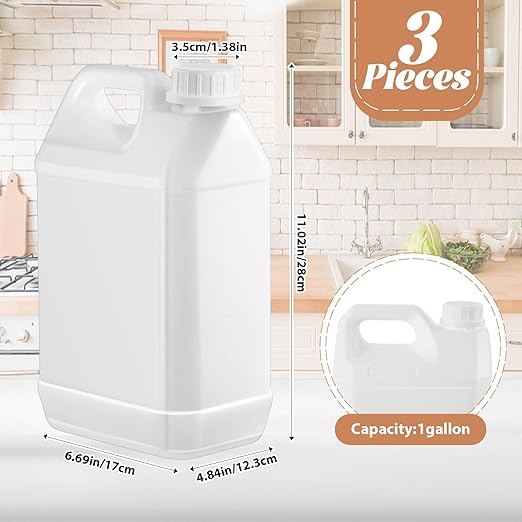 3 Pcs 1 Gallon Plastic Jug with Lids Square Empty Storage Containers Hdpe Carboy Plastic Jar Containers for Water Milk Beverage Oil Liquids (White)