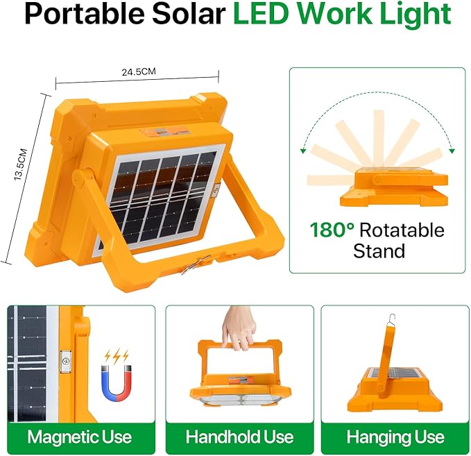 Portable LED Work Solar Light - 300W LED Rechargeable Work Light 22000mAh Solar Camping Lights, Magnetic Worklight Portable Flood Lights with Stand for Mechanic Camping Fishing Car Repair