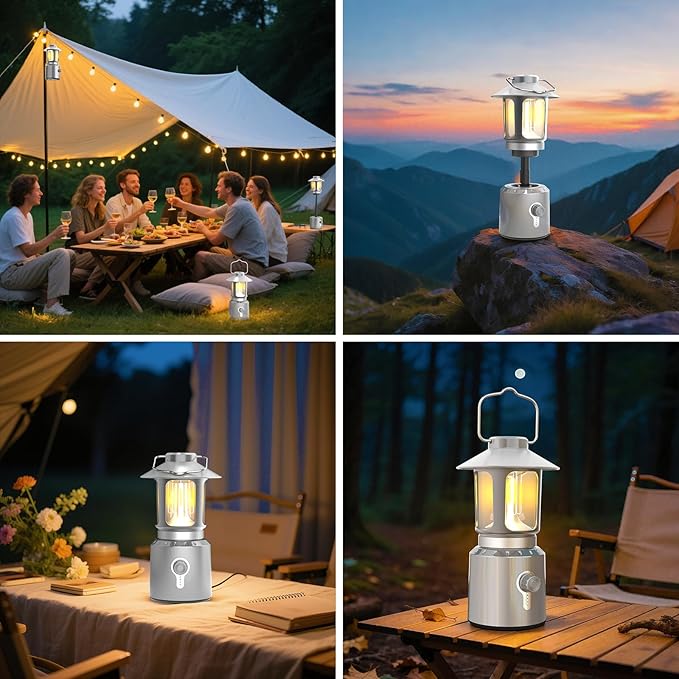 Rechargeable Camping Lantern 8000mAh, Telescoping Lighting Camping Light, 3 Light Modes Hanging Vintage Lantern, Portable Waterproof Tent Light for Hiking, Power Outages, Emergency (Silver)