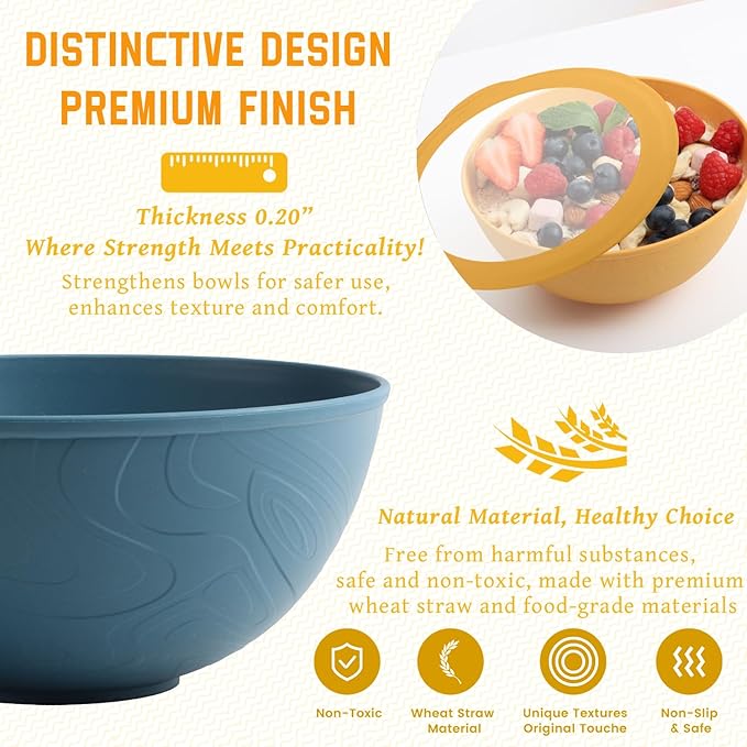 Homienly Wheat Straw Bowls with Lids, 40 OZ Cereal Bowls with Lids, 4 Sets, Alternatives to Plastic Bowl, Salad Container for Lunch, Microwave and Dishwasher Safe Bowl for Kitchen, RV, Camping, Multi