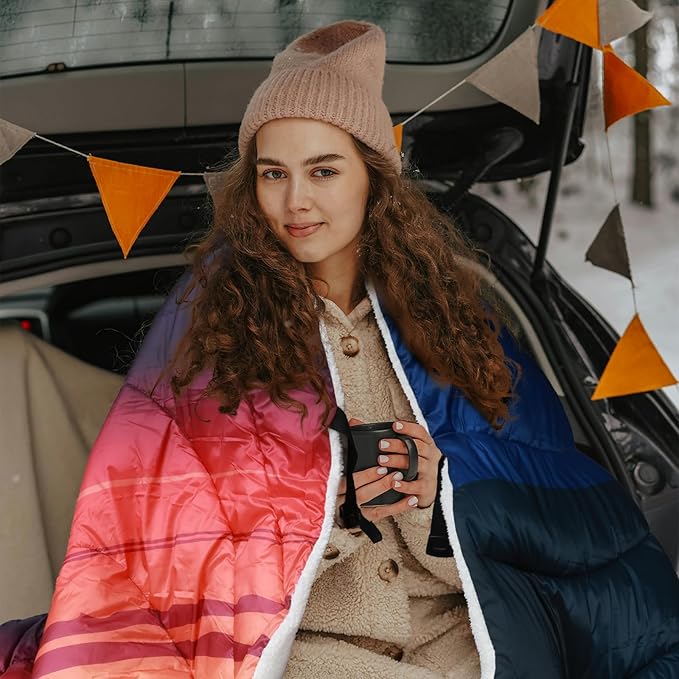 zzlamb Sherpa Puffy Camping Blanket,Packable Outdoor Warm Wearable Fleece Blankets for Cold Weather,Thick Camp Quilt with Sherpa Lining for Sleeping,Traveling,Backpacking,Picnics,Beach,Stadium 52x75in