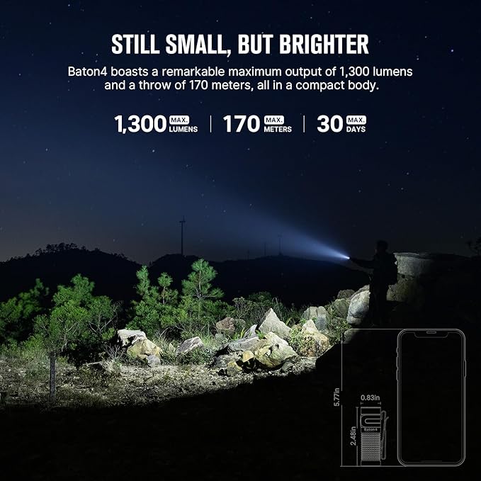 OLIGHT Baton4 Rechargeable EDC Flashlight, Bright LED Flashlight 1300 Lumens with Charging Cable, IPX8 Waterproof, 6 Adjustable Modes Handheld Light for Home, Camping, and Emergencies (Black)