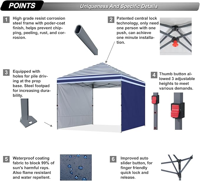 ABCCANOPY Pop up Canopy Tent with 2 Sidewalls for Outdoor Sun Blocking or Rain Protection,10x10, Navy Blue Stripes