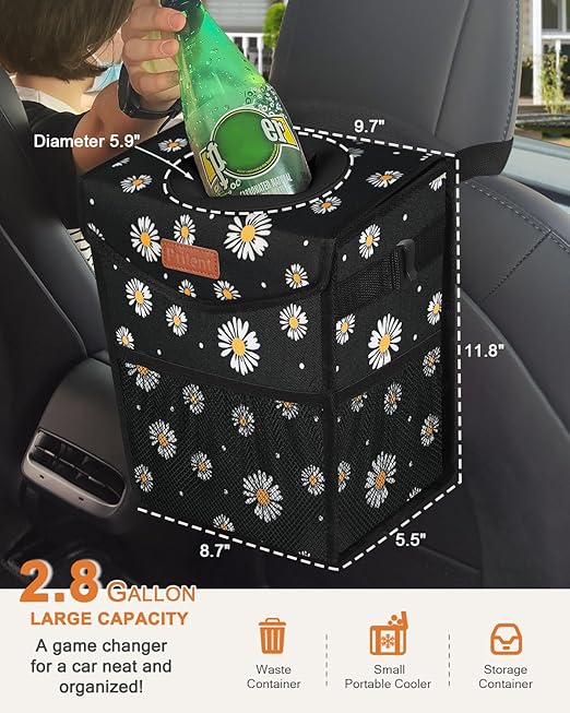Car Trash Can with Lid, Cute Leakproof Car Trash Garbage Bag Hanging Vehicle Trash Bin Small Portable Automotive Garbage Cans Organizer for Back/Front Seat/Console(2.8 Gallons,Black Flower)