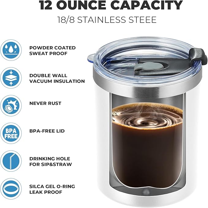 MEWAY 12oz/8Pack Coffee Mug With Lid, Insulated Stainless Steel Reusable Coffee Cup, Double Wall Durable Coffee Mug, Powder Coate,For Coffee, Beer, Home, Office(White,8 Pack)