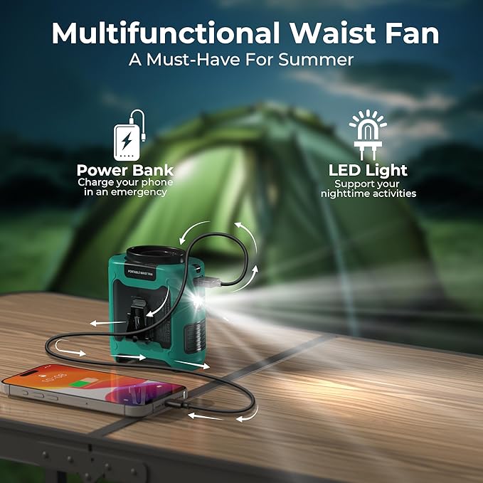 10000mAh Portable Waist Clip Fan - 40H Cooling Personal Wearable Fan,5 Speeds 16000RPM Strong Belt Fan,Rechargeable Hands-free Neck Fan With Flashlight for Outdoor Jobsite Camping Traveling