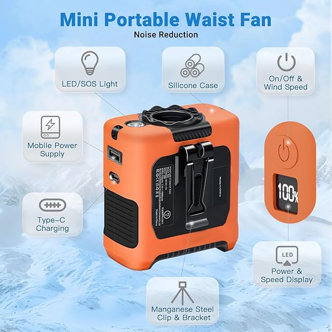 Portable Fans Strong Airflow Personal Waist Fan with Max 40H Runtime Hands Free Neck Fans Wearable Belt Fan for Outdoor Jobsite Camping and Traveling 5 Speeds USB-C Rechargeable 10000mAh (Orange)
