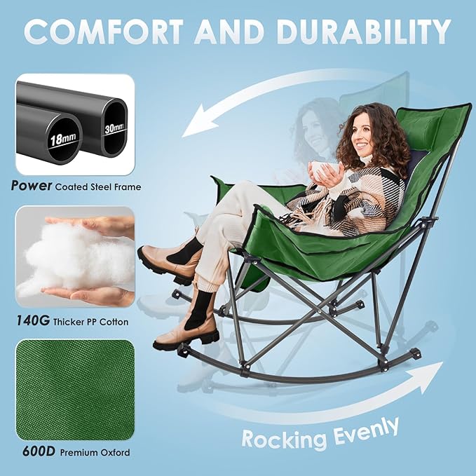 Suteck Heated Rocking Camping Chair, XL Oversized Rocking Chair Outdoor with 3 Heat Levels for Back and Seat, Heated Chairs Outdoor Sports W/20,000mAh Power Bank for Patio Lawn Picnic Travel