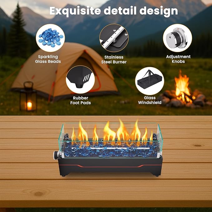 GRISUN Tabletop Fire Pit,20 Inch Propane Fire Pit Table,40000 BTU Table Top Firepit with Glass Wind Guard,Stainless Steel Burner,Fire Glass,Portable Propane fire Pit for Patio, Camping, Backyard & RV