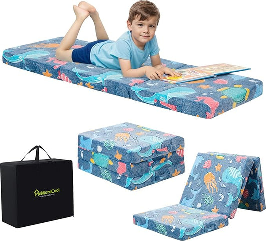 MeMoreCool Foldable Floor Mattress for Kids, Glow Toddlers Trifold Nap Mat, Kids Folding Mattress Portable Sleeping Futon for Daycare or Floor Bed, 57x22 Inch Blue