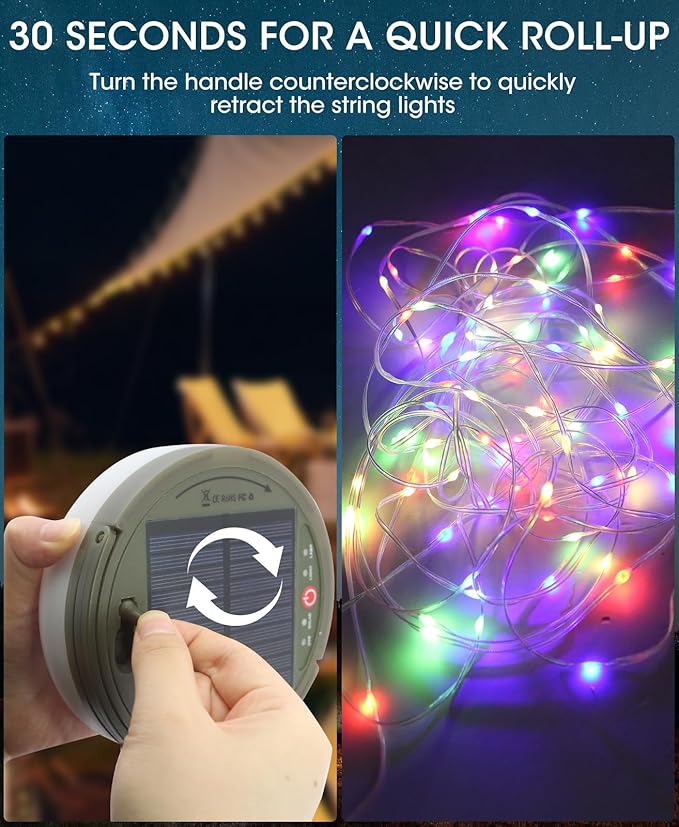 Solar Camping String Lights , 2 in 1 Multi-Color Outdoor String Lights with 8 Lighting Modes(39.4Ft), Solar Power and USB Rechargeable , Waterproof Portable Camping Lights for Hiking Yard