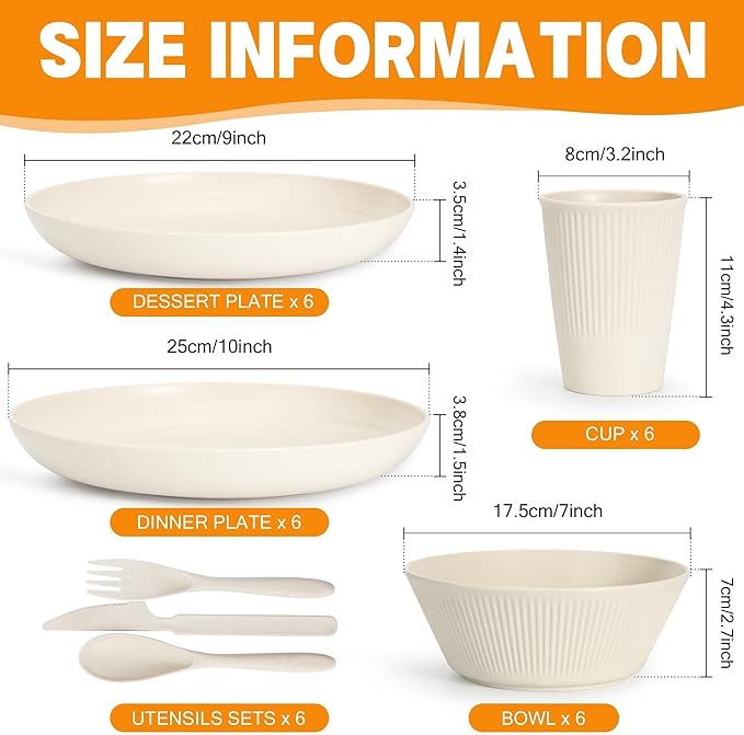 OAMCEG Wheat Straw Dinnerware Sets 42 Pcs, Plastic Wheatstraw Plates and Bowls Sets Kitchen Set for 6, Unbreakable Dishwasher Microwave Safe Dinnerware Dish, Kitchen Outdoor Camping Dishes, White
