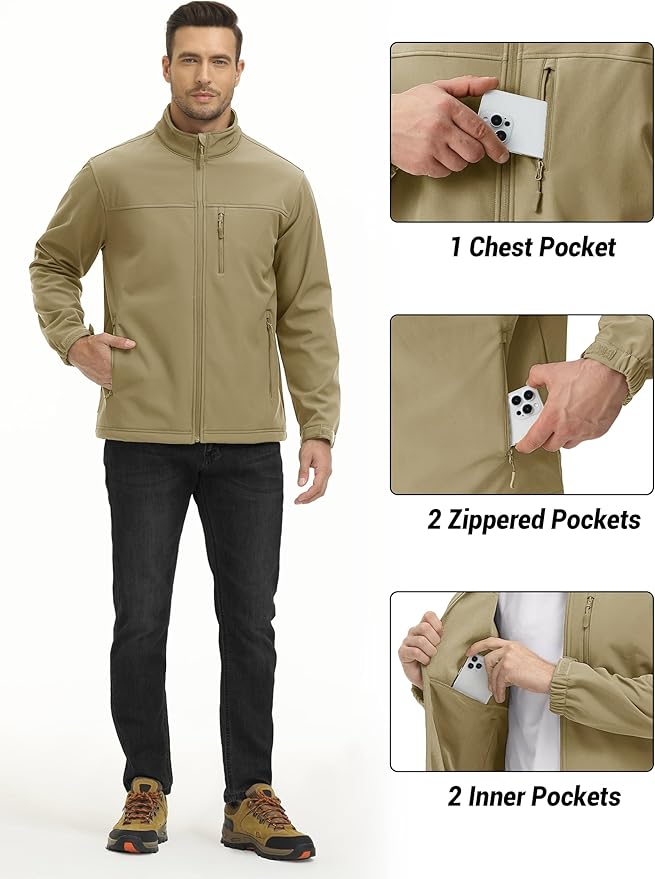TACVASEN Men's Lightweight Softshell Jacket Fleece Lined Waterproof Tactical Rain Zip Up Winter Coat Windbreaker Casual
