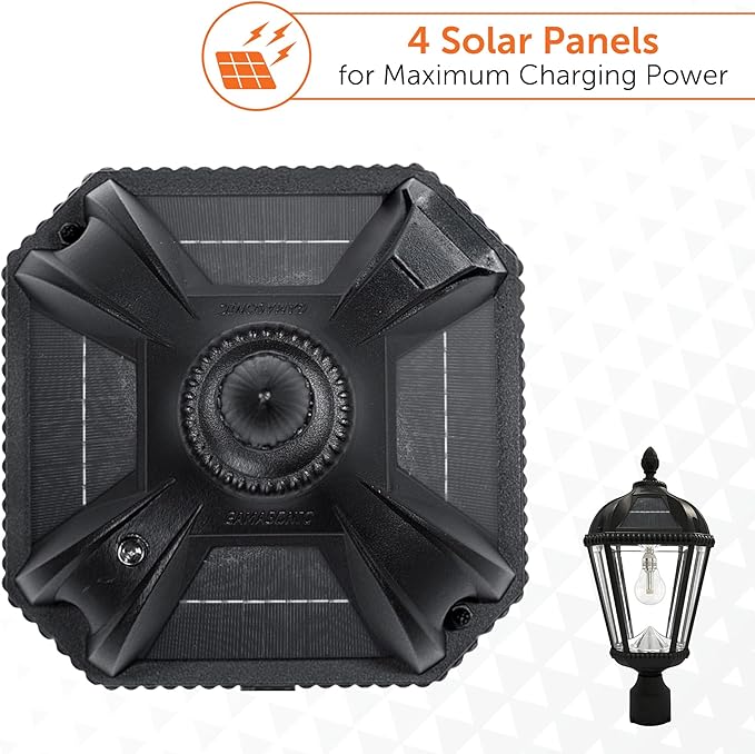 Gama Sonic Outdoor Solar Post Light, Black Aluminum, Royal Bulb, Rain Water Glass, Single Lamp with 3-inch Fitter for Lamp Posts Warm White LED, 98B012 (Upgraded Panel and Battery)