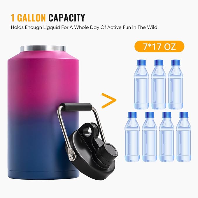 Kerilyn Insulated Jug with Handle, One Gallon, 128oz Stainless Steel, Large Double Vacuum Water Bottle for Hot & Cold Drinks, Wide Mouth, Sweat Proof, Great for Travel, Hiking & Camping, Red Gradient